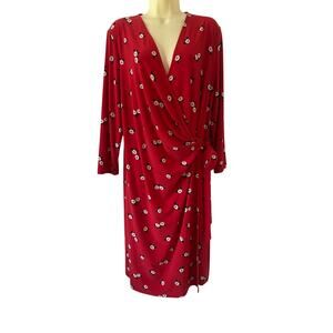 Anne Klein Red Print Jersey Knit Faux Wrap Dress Size XL Below Knee